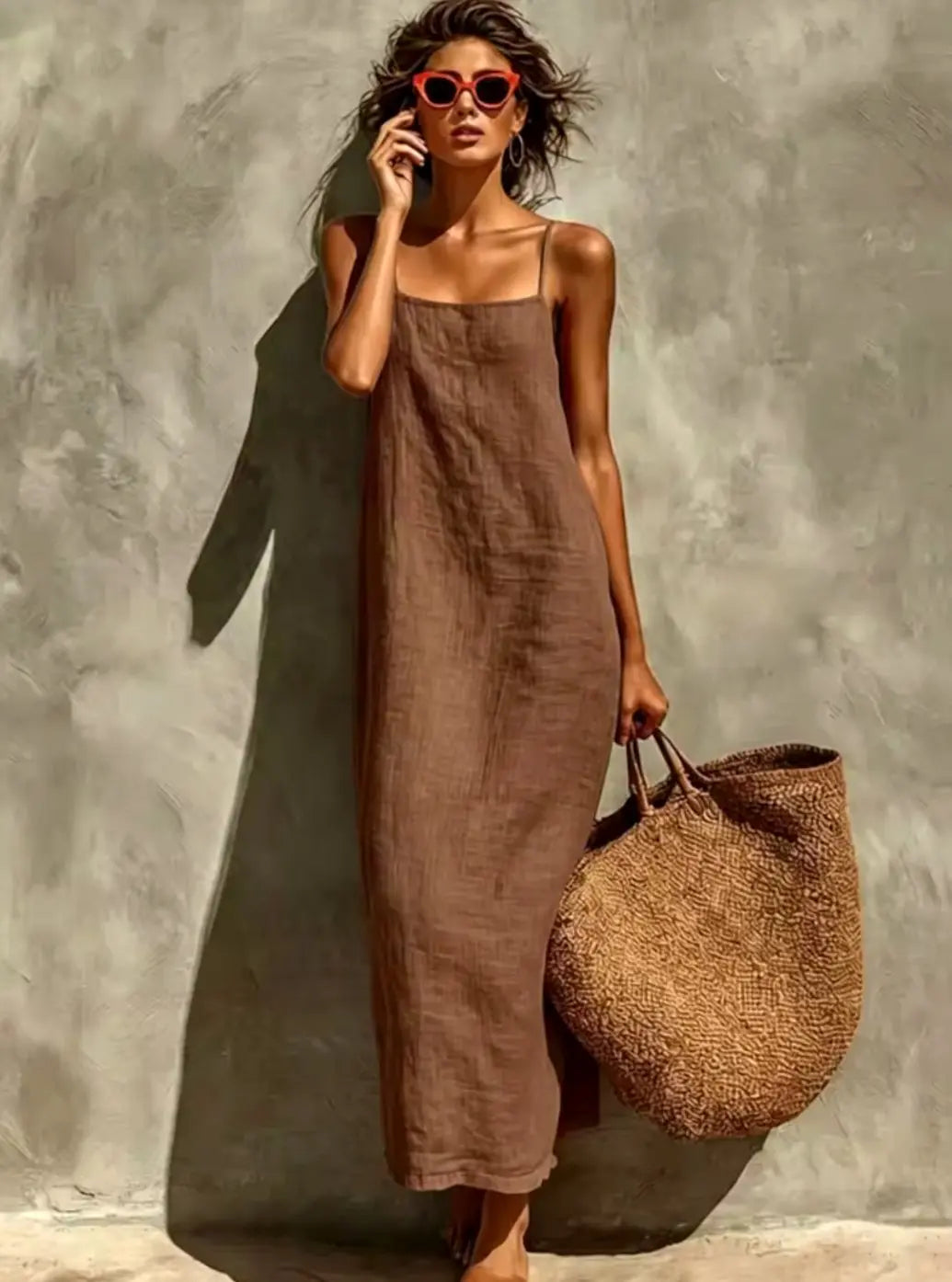 Women's Relaxed-Fit Square-Neck Spaghetti Strap Maxi Dress - Brown