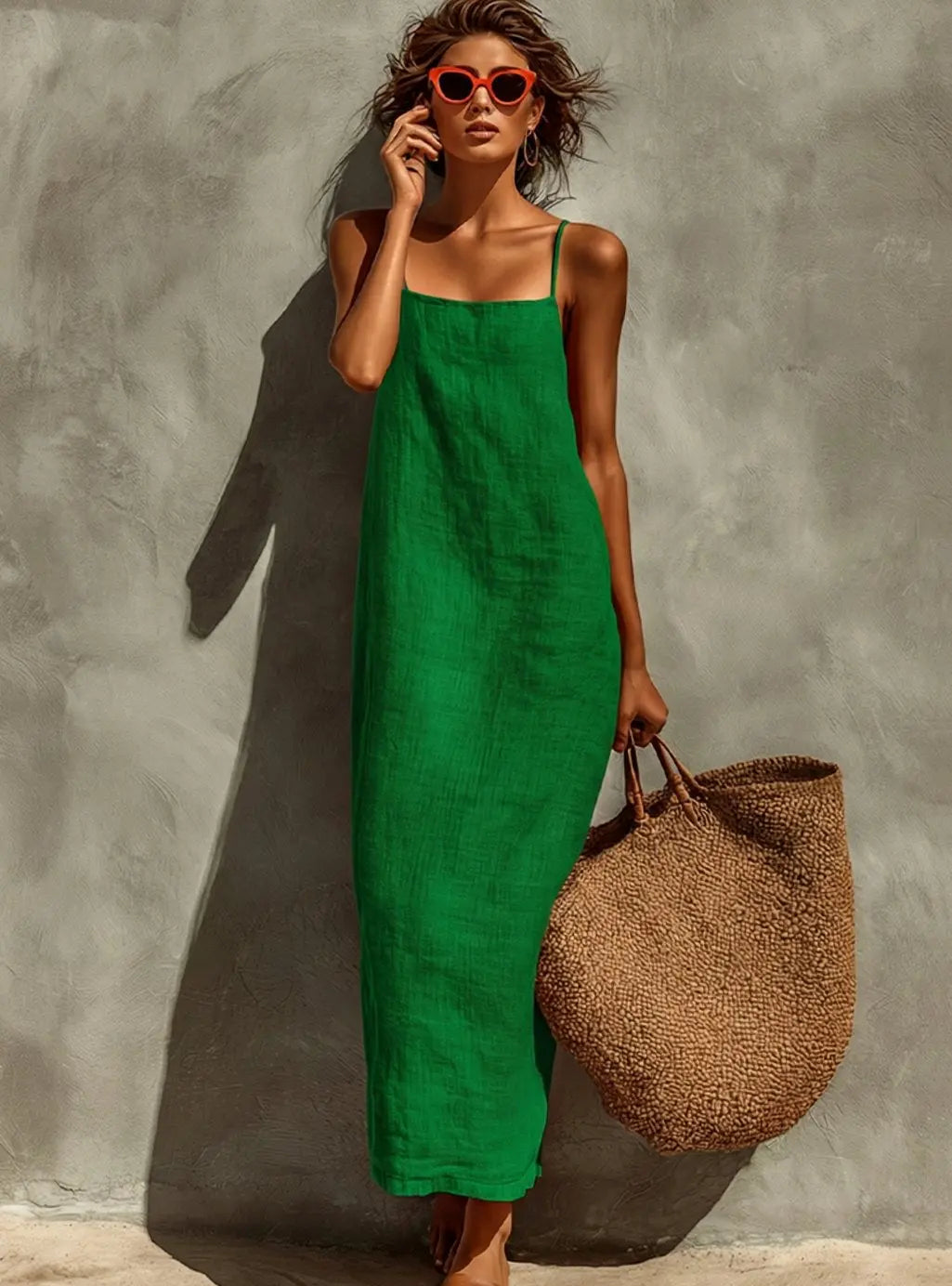Women's Relaxed-Fit Square-Neck Spaghetti Strap Maxi Dress - Green