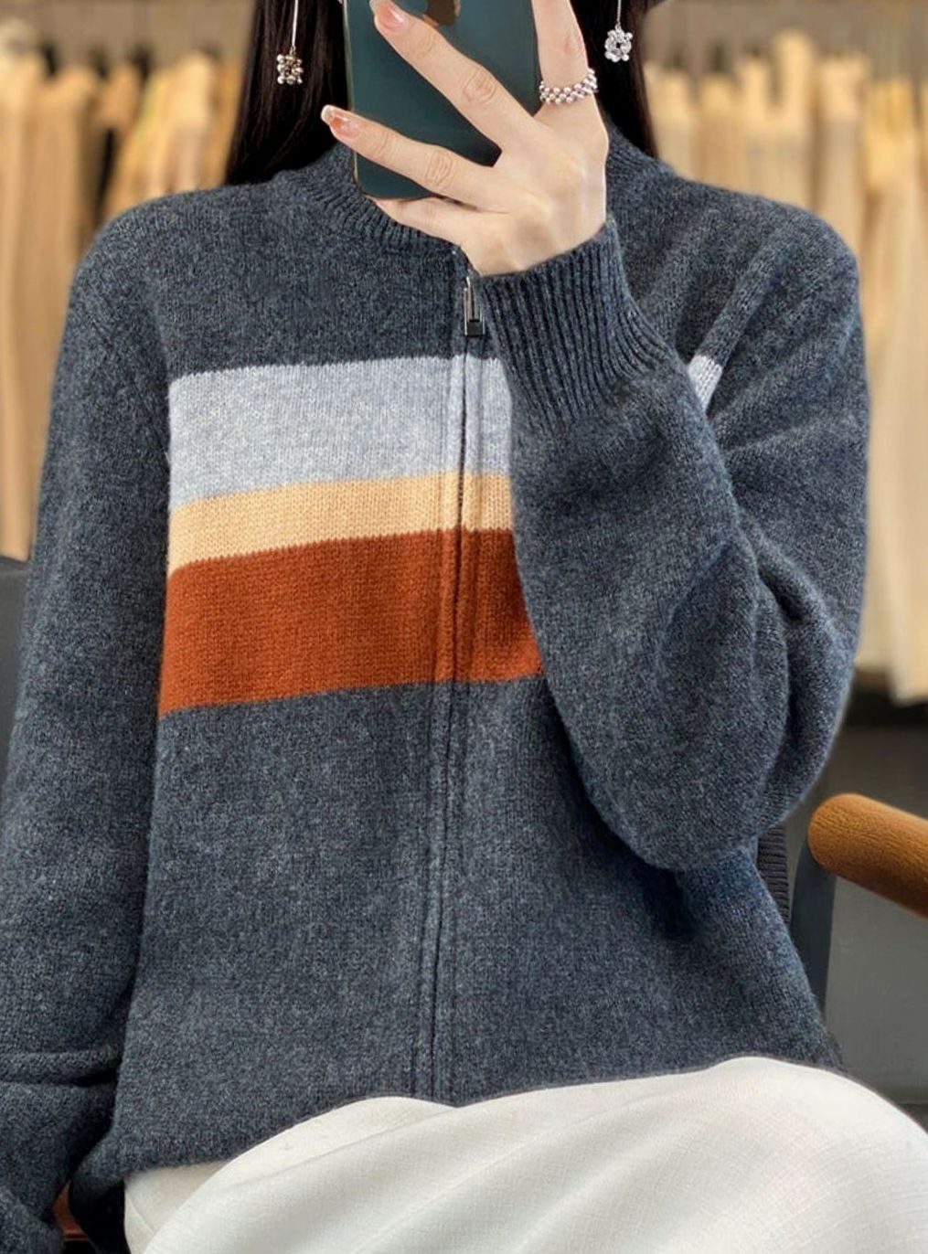 Women's Relaxed-Fit Striped Full-Zip Knit Cardigan