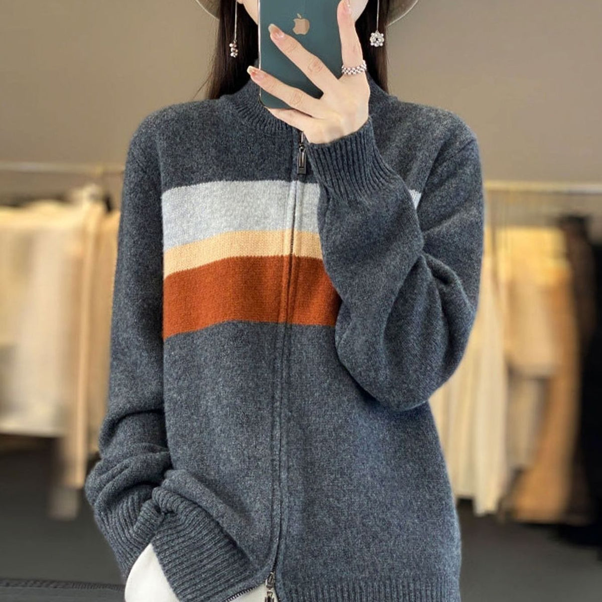 Women's Relaxed-Fit Striped Full-Zip Knit Cardigan - Grey