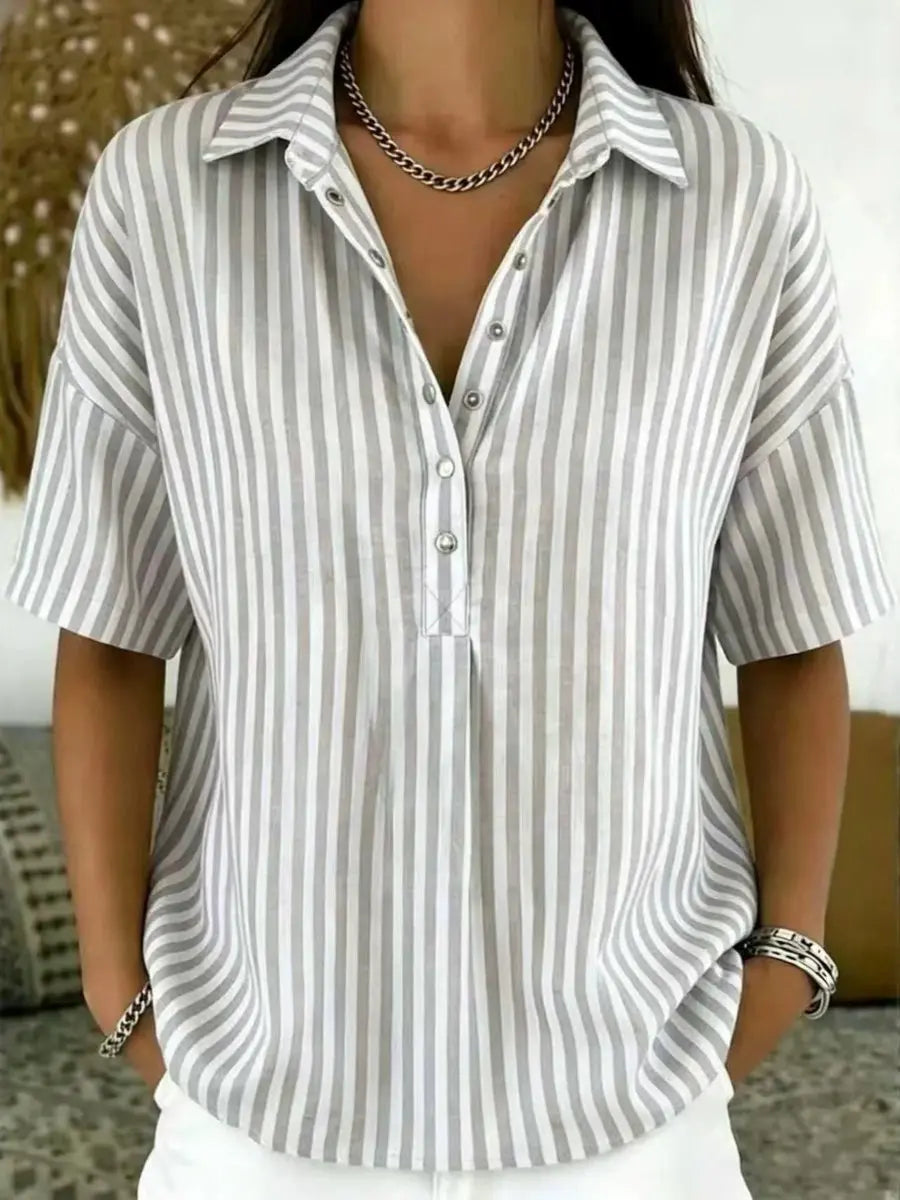 Women's Relaxed-Fit Striped Half-Button Collared Blouse - Grey