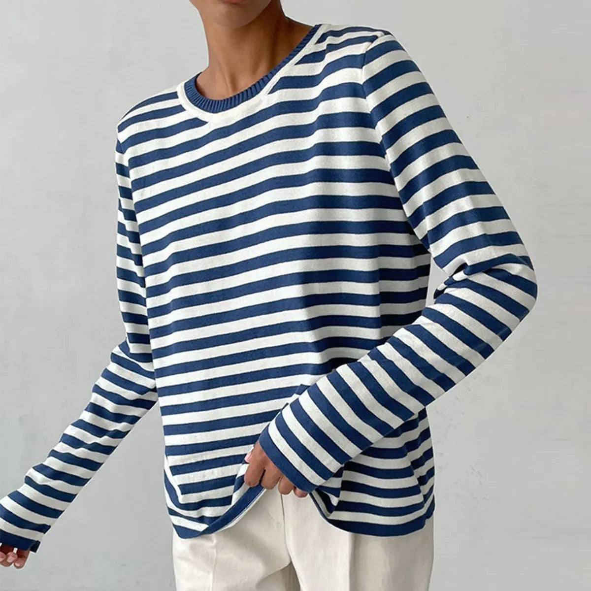 Women's Relaxed-Fit Striped Long Sleeve Round Neck Sweater - Blue