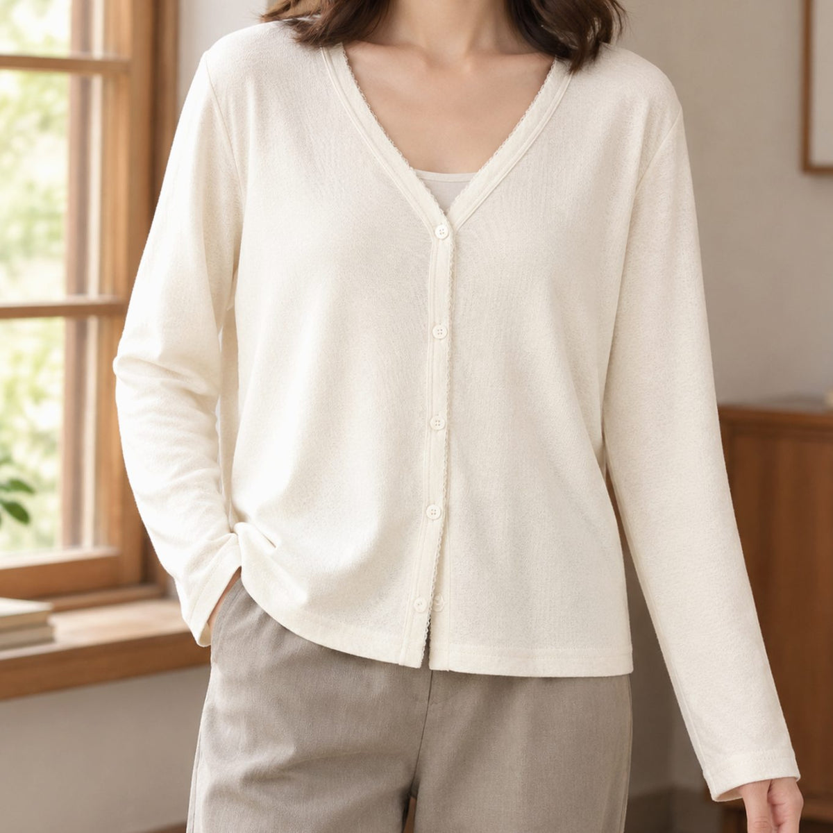 Women's Relaxed-Fit V-Neck Button-Front Cardigan - Soft White