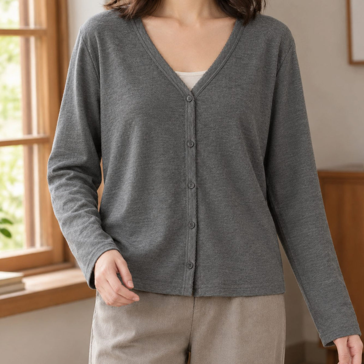Women's Relaxed-Fit V-Neck Button-Front Cardigan - Grey