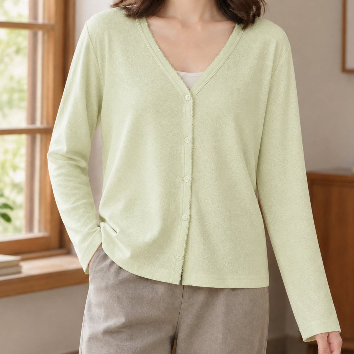 Women's Relaxed-Fit V-Neck Button-Front Cardigan - Mint Green