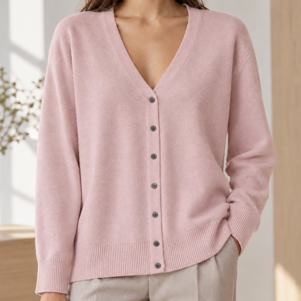 Women's Relaxed-Fit V-Neck Button-Front Knit Cardigan - Pink