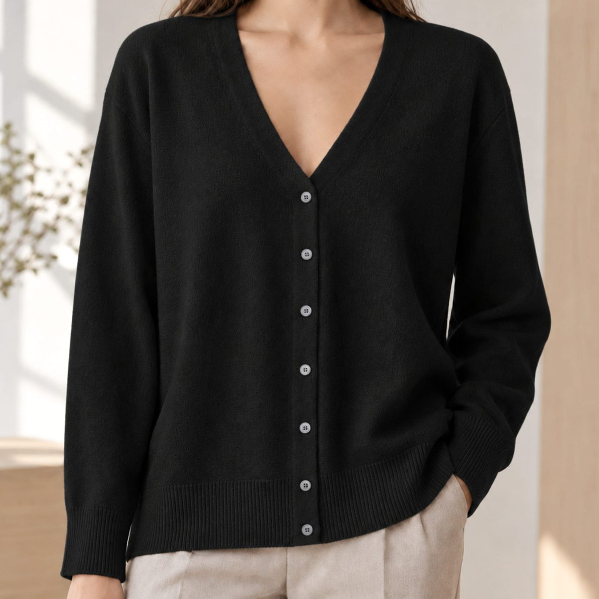 Women's Relaxed-Fit V-Neck Button-Front Knit Cardigan - Black
