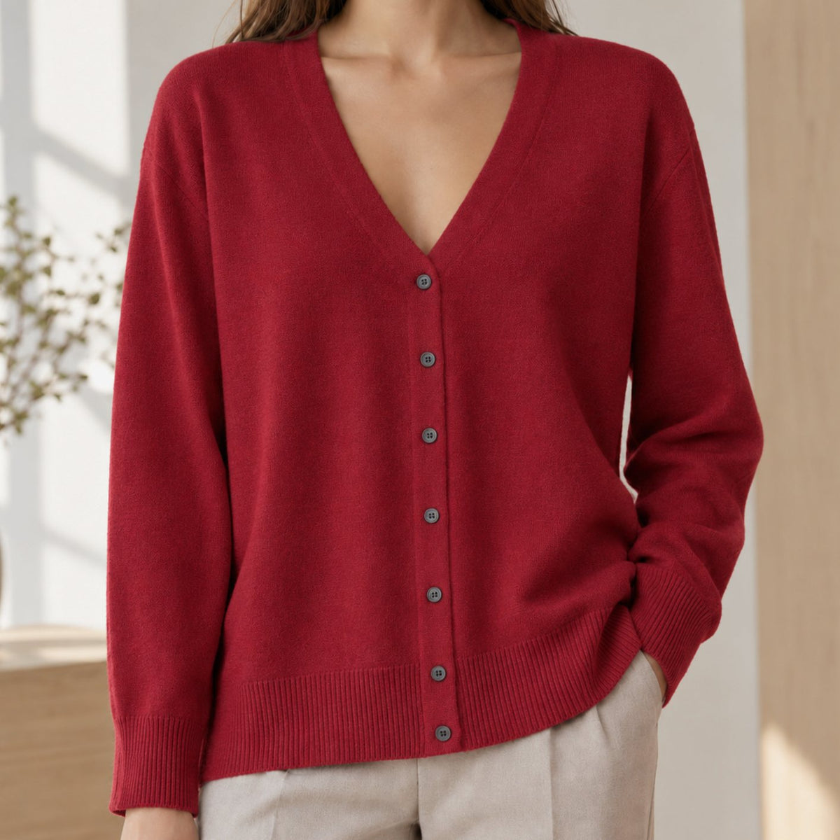 Women's Relaxed-Fit V-Neck Button-Front Knit Cardigan - Cherry Red