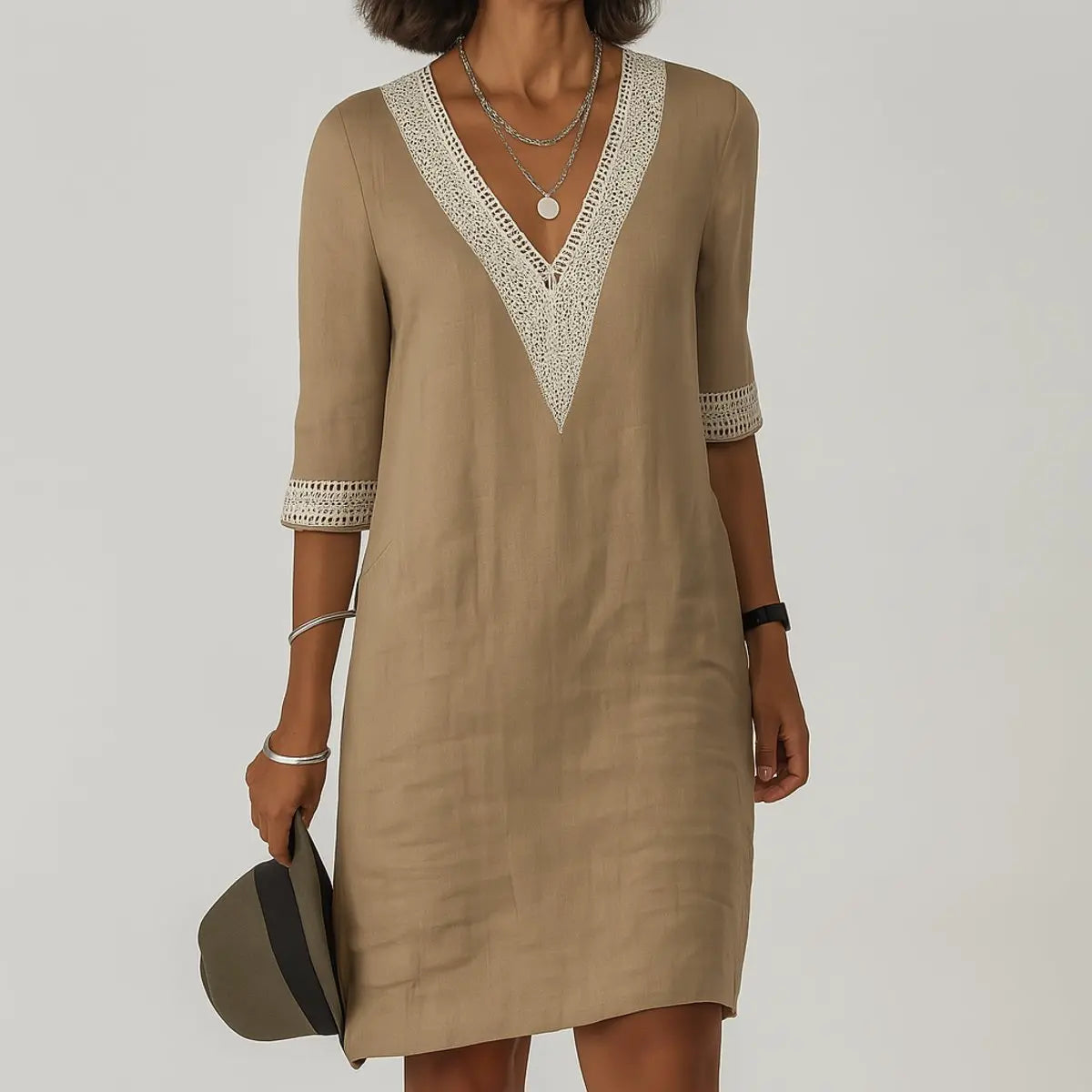 Women's Relaxed-Fit V-Neck Crochet-Trim Long Sleeve Dress - Khaki