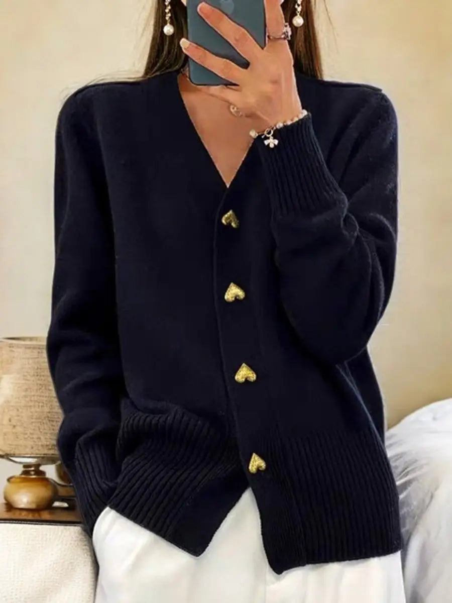 Women's Relaxed-Fit V-Neck Heart-Button Knit Cardigan - Black