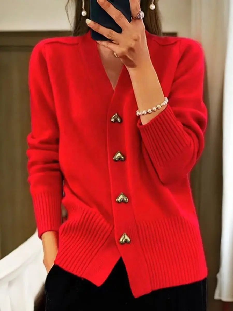 Women's Relaxed-Fit V-Neck Heart-Button Knit Cardigan - Red