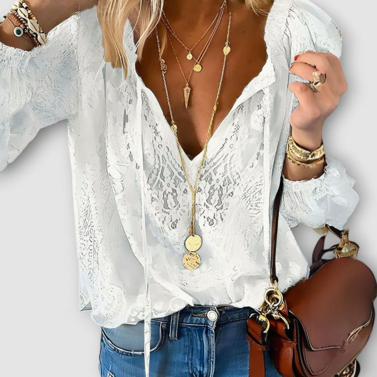 Women's Relaxed-Fit V-Neck Lace Long Sleeve Top - White
