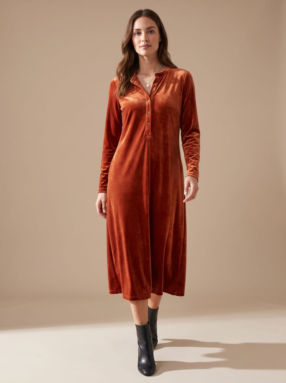 Women's Relaxed-Fit Velvet Midi Dress Button Placket Collar - Orange
