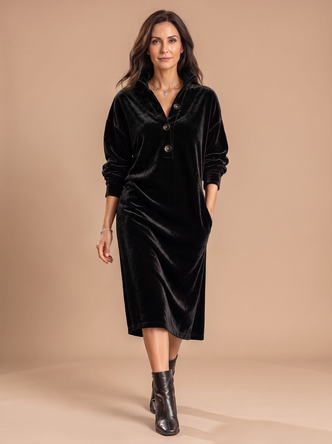 Women's Relaxed-Fit Velvet Midi Dress Button Placket Collar - Black