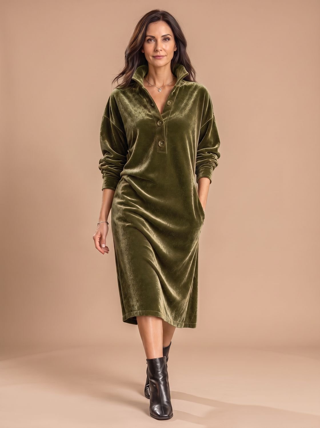 Women's Relaxed-Fit Velvet Midi Dress Button Placket Collar - Yellow-Green