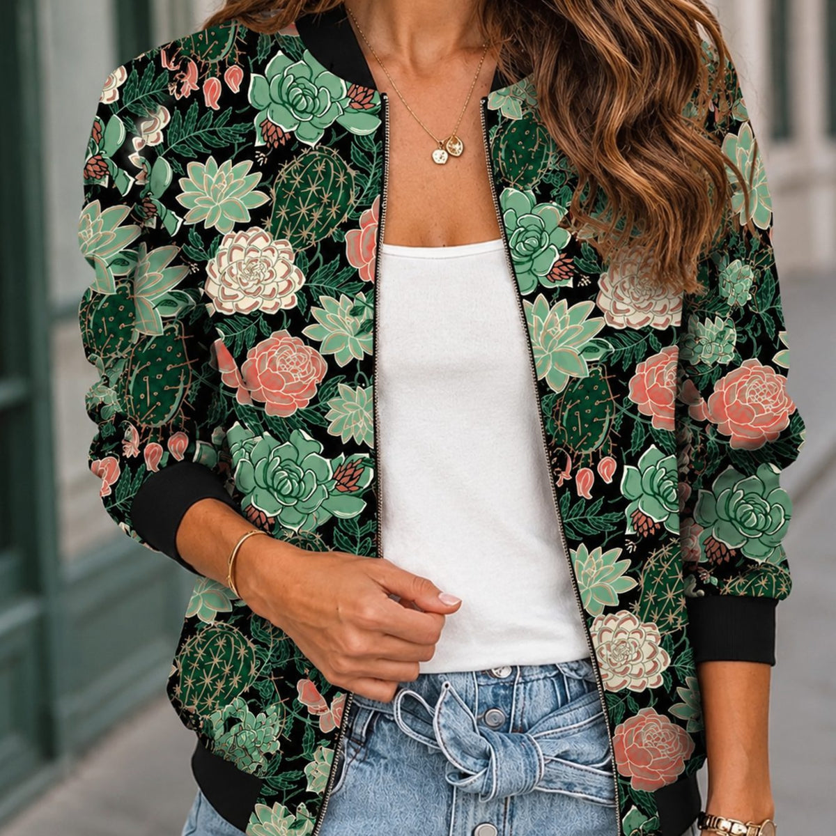 Women's Relaxed-Fit Zip-Up Cactus Floral Print Bomber Jacket - Green