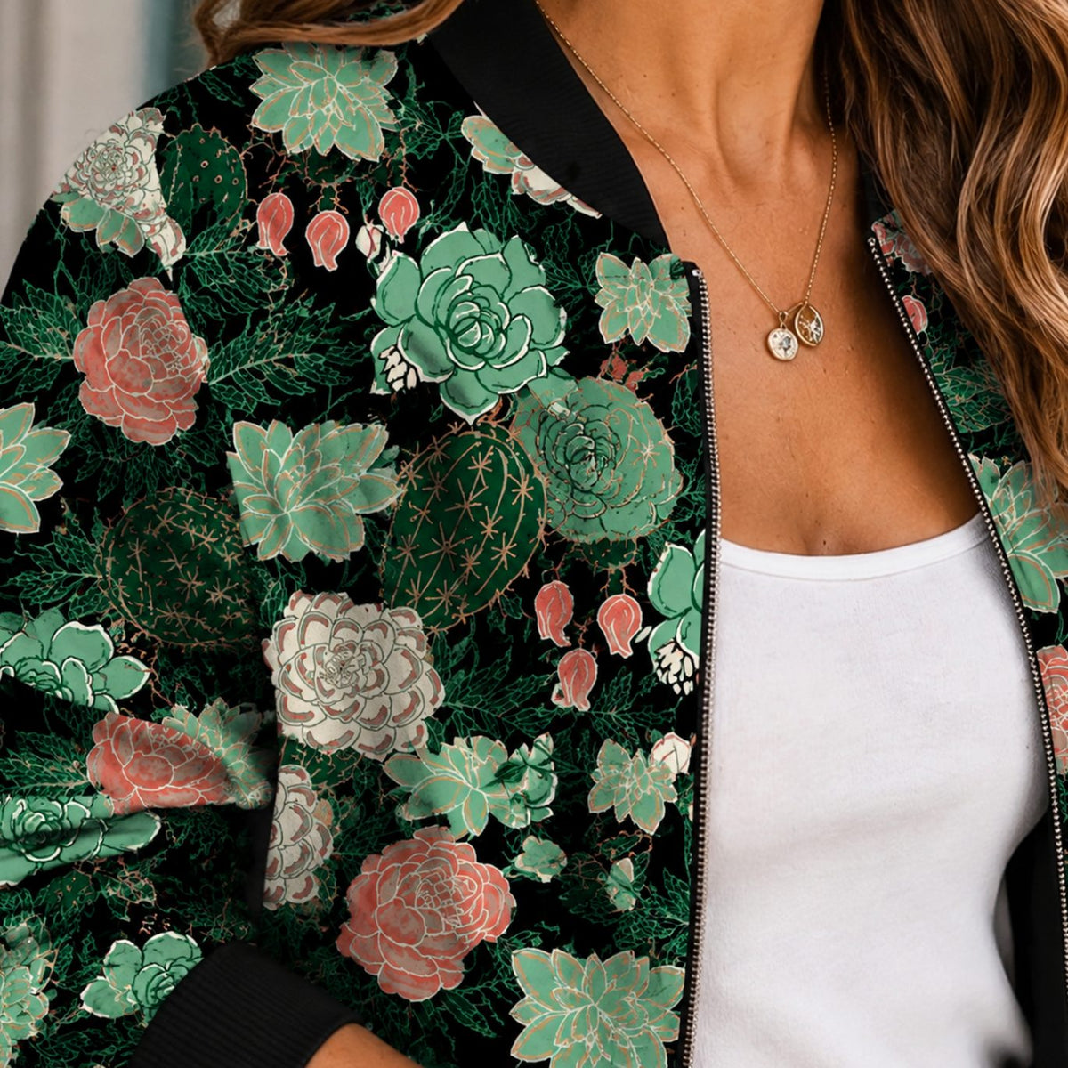 Women's Relaxed-Fit Zip-Up Cactus Floral Print Bomber Jacket