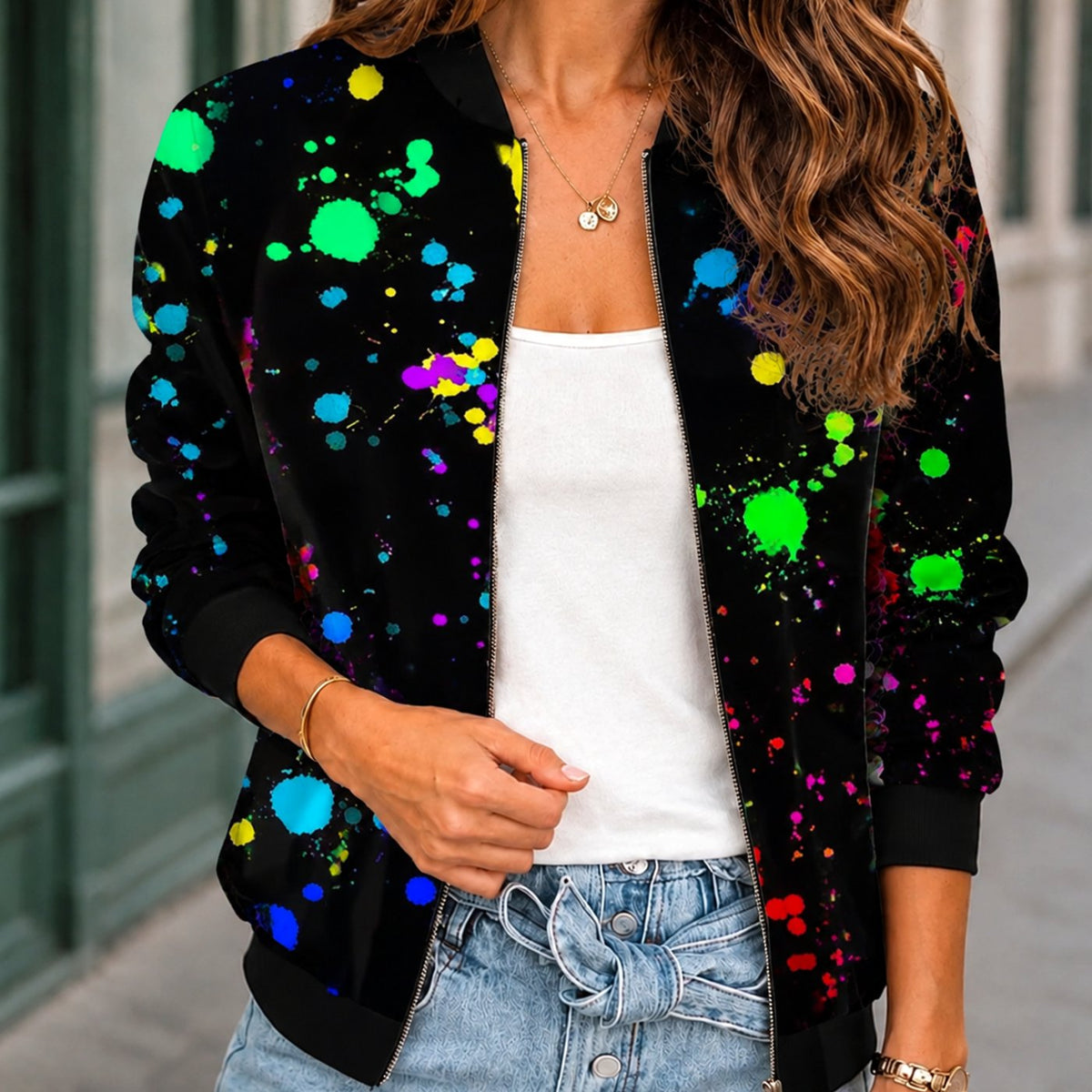Women's Relaxed-Fit Zip-Up Cactus Floral Print Bomber Jacket - Black