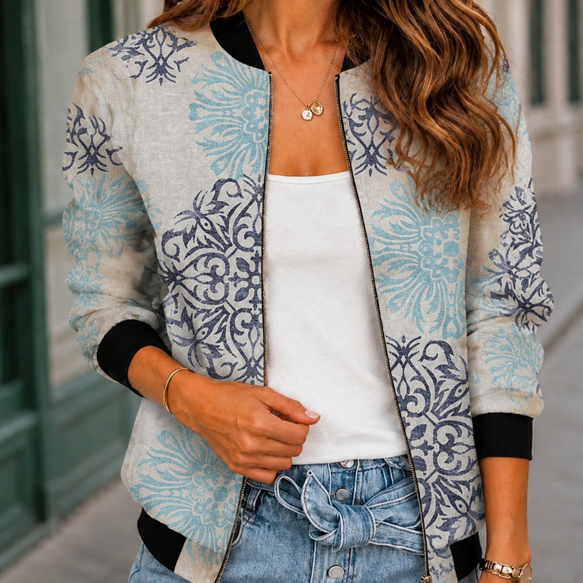 Women's Relaxed-Fit Zip-Up Cactus Floral Print Bomber Jacket - Sky Blue