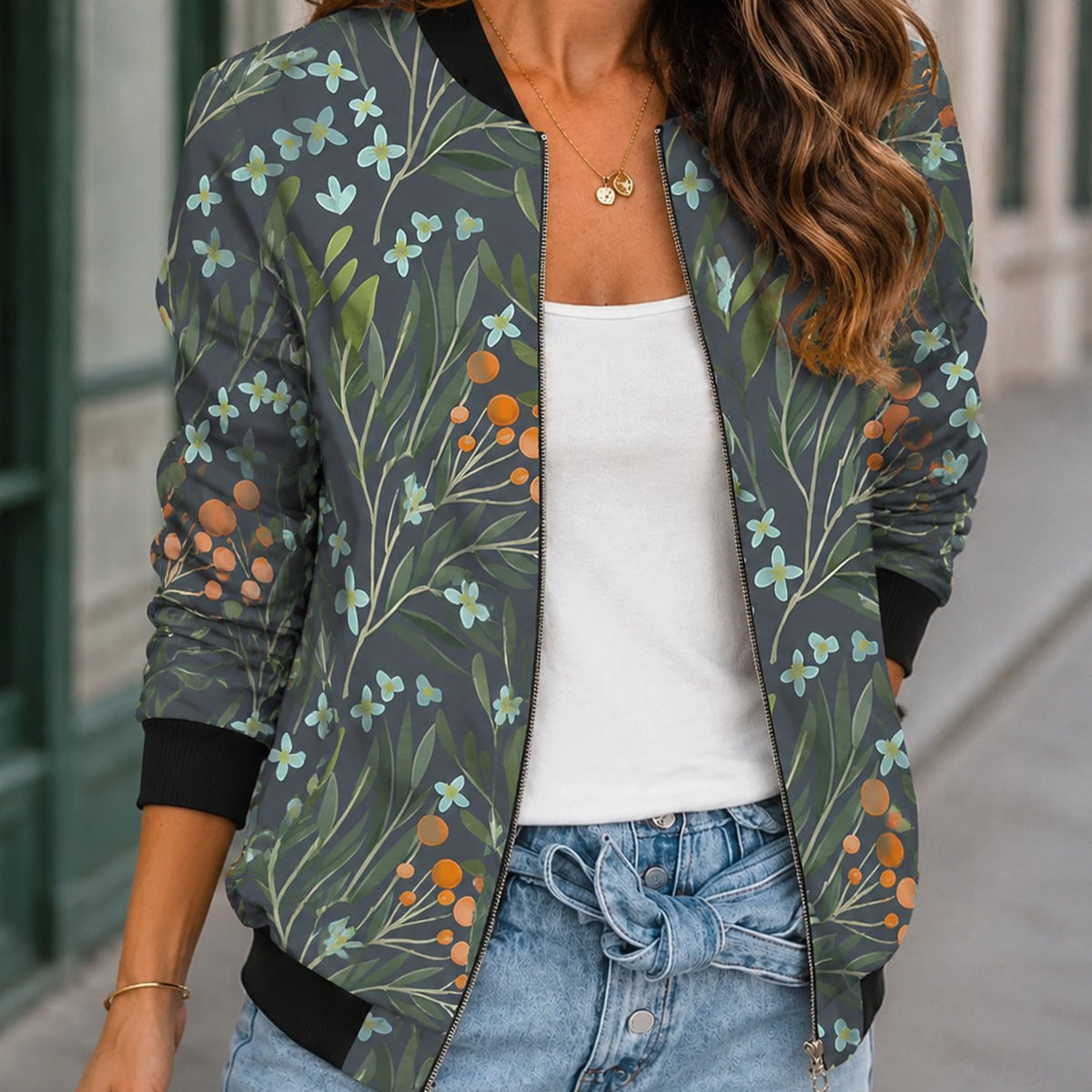 Women's Relaxed-Fit Zip-Up Cactus Floral Print Bomber Jacket - Dark Grey