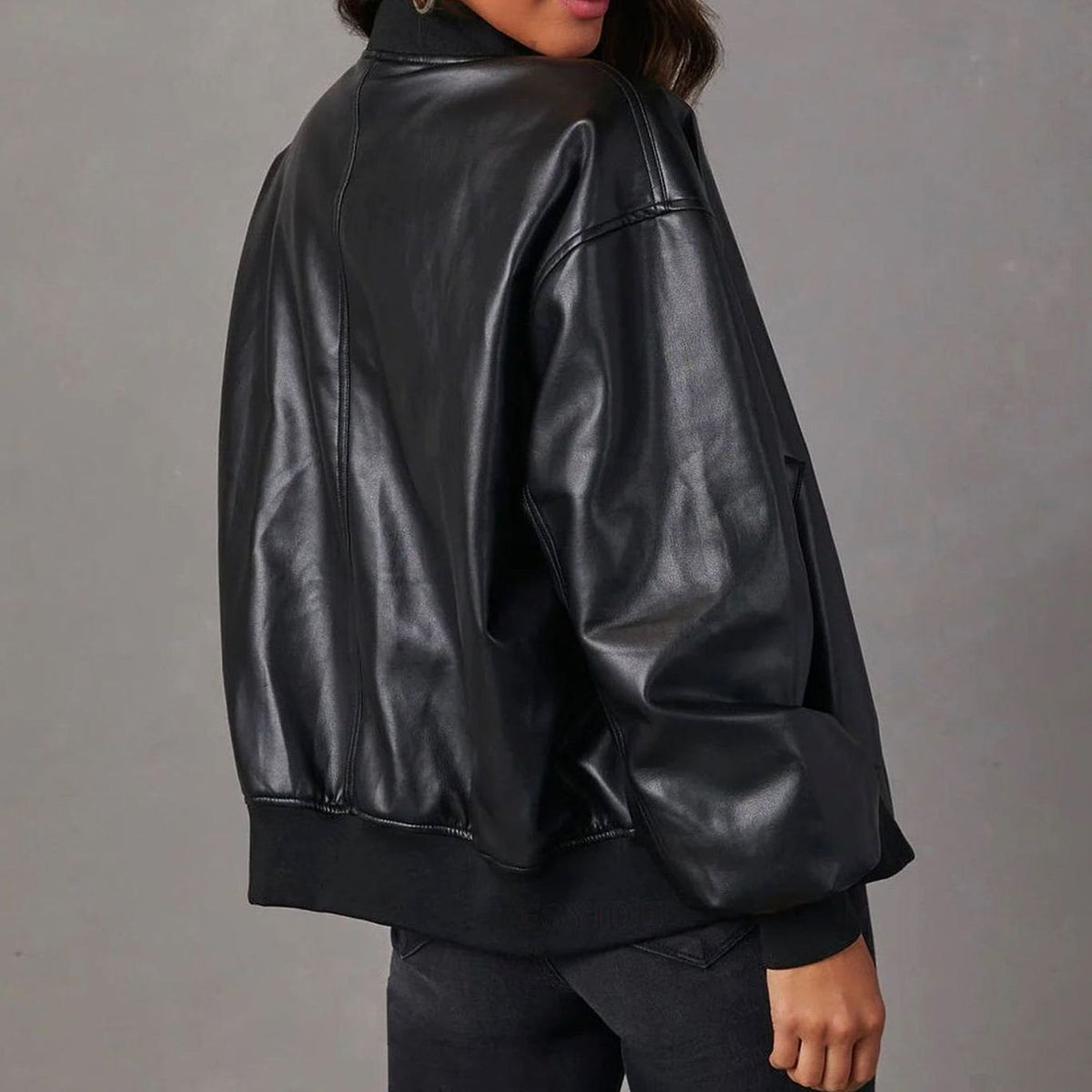 Women's Relaxed-Fit Zip-Up Vegan Leather Bomber Jacket