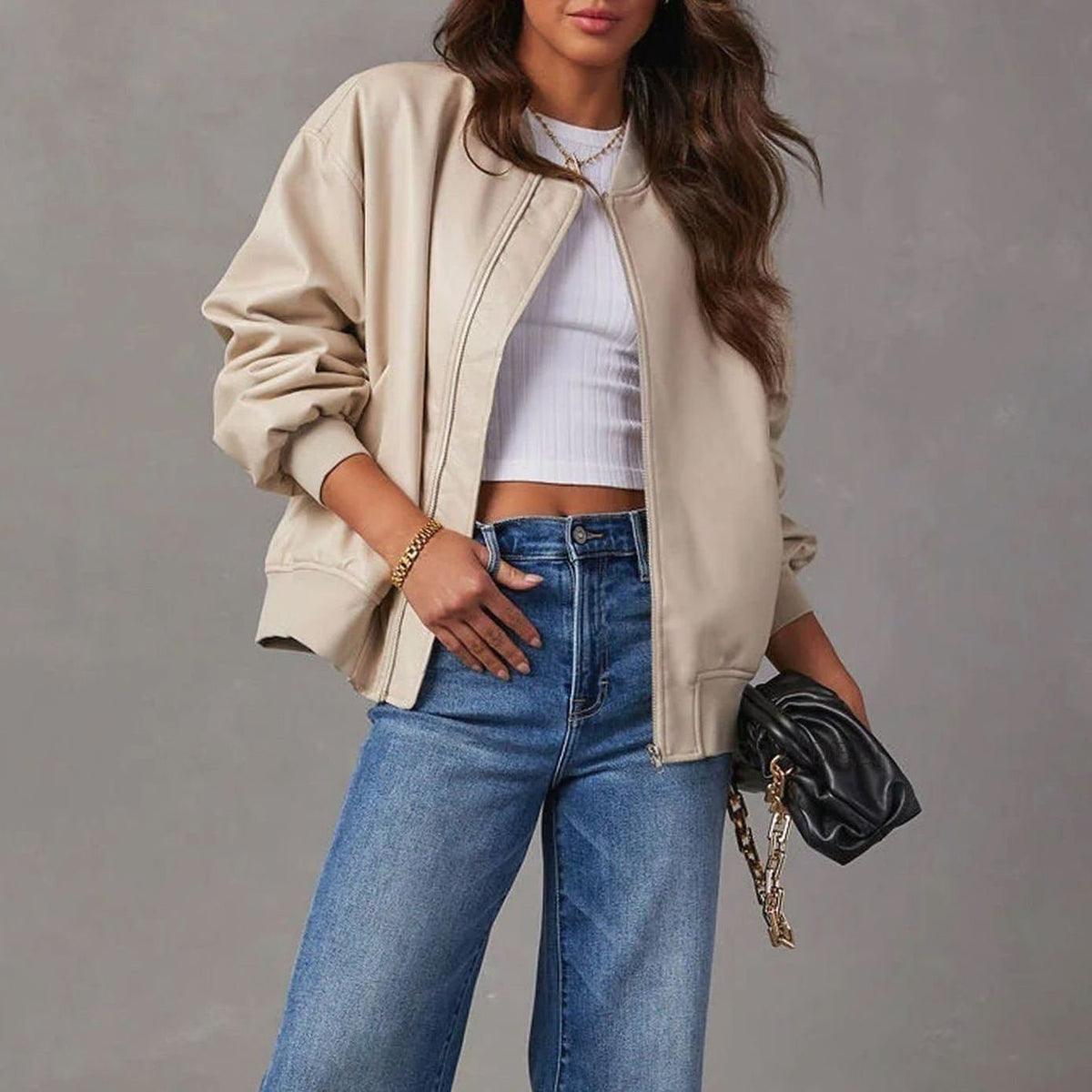 Women's Relaxed-Fit Zip-Up Vegan Leather Bomber Jacket