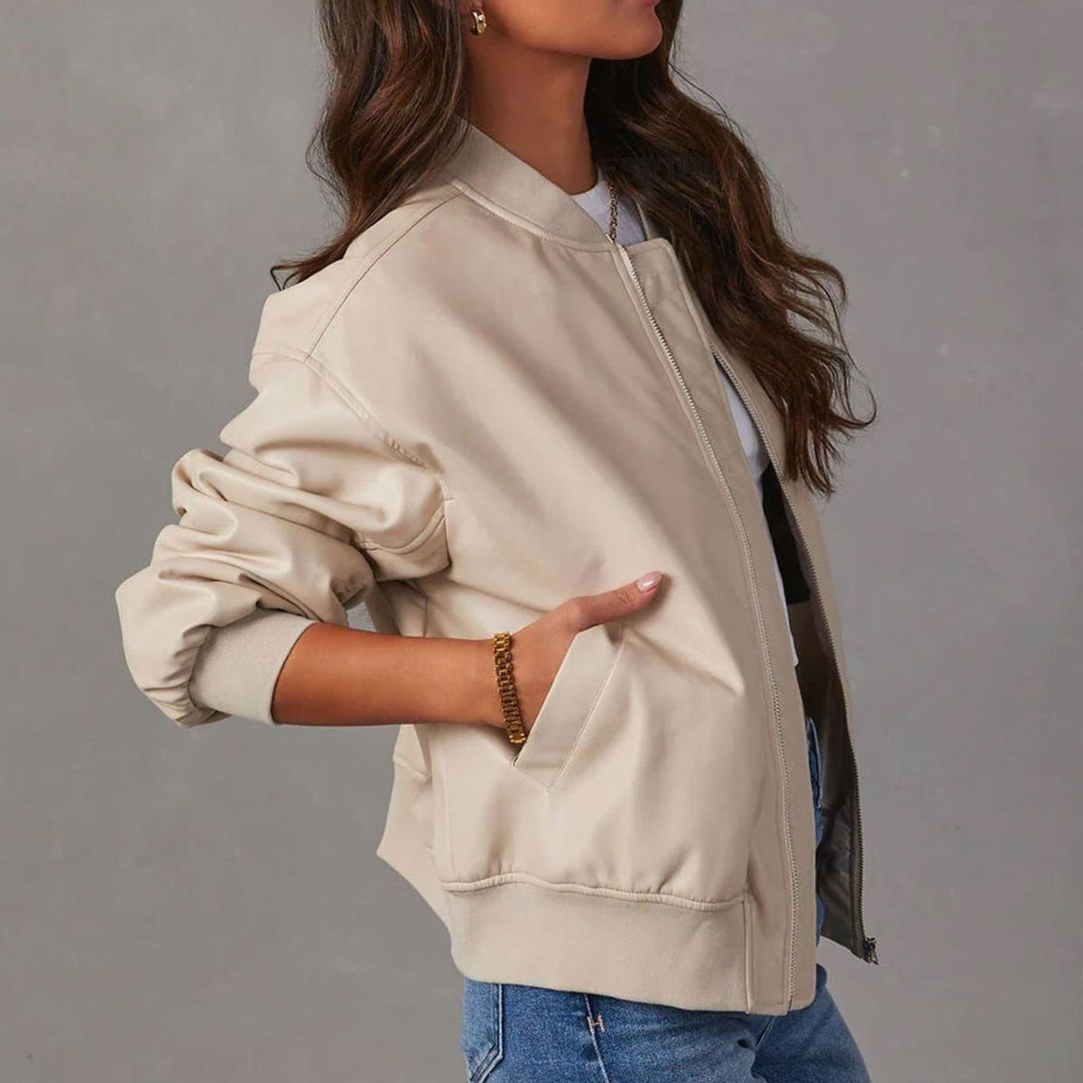 Women's Relaxed-Fit Zip-Up Vegan Leather Bomber Jacket