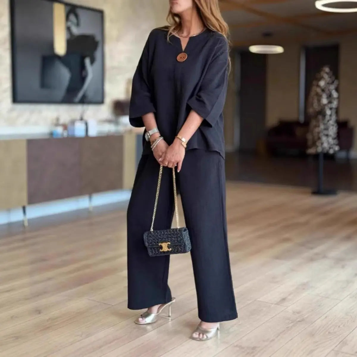 Women's Relaxed Linen Blend Tunic Palazzo Trousers Co-ord Set