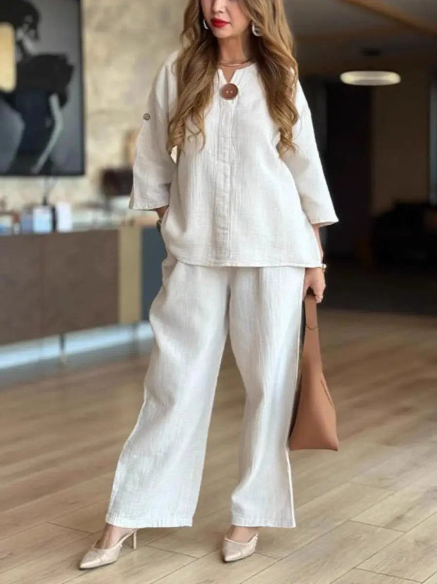 Women's Relaxed Linen Blend Tunic Palazzo Trousers Co-ord Set - White