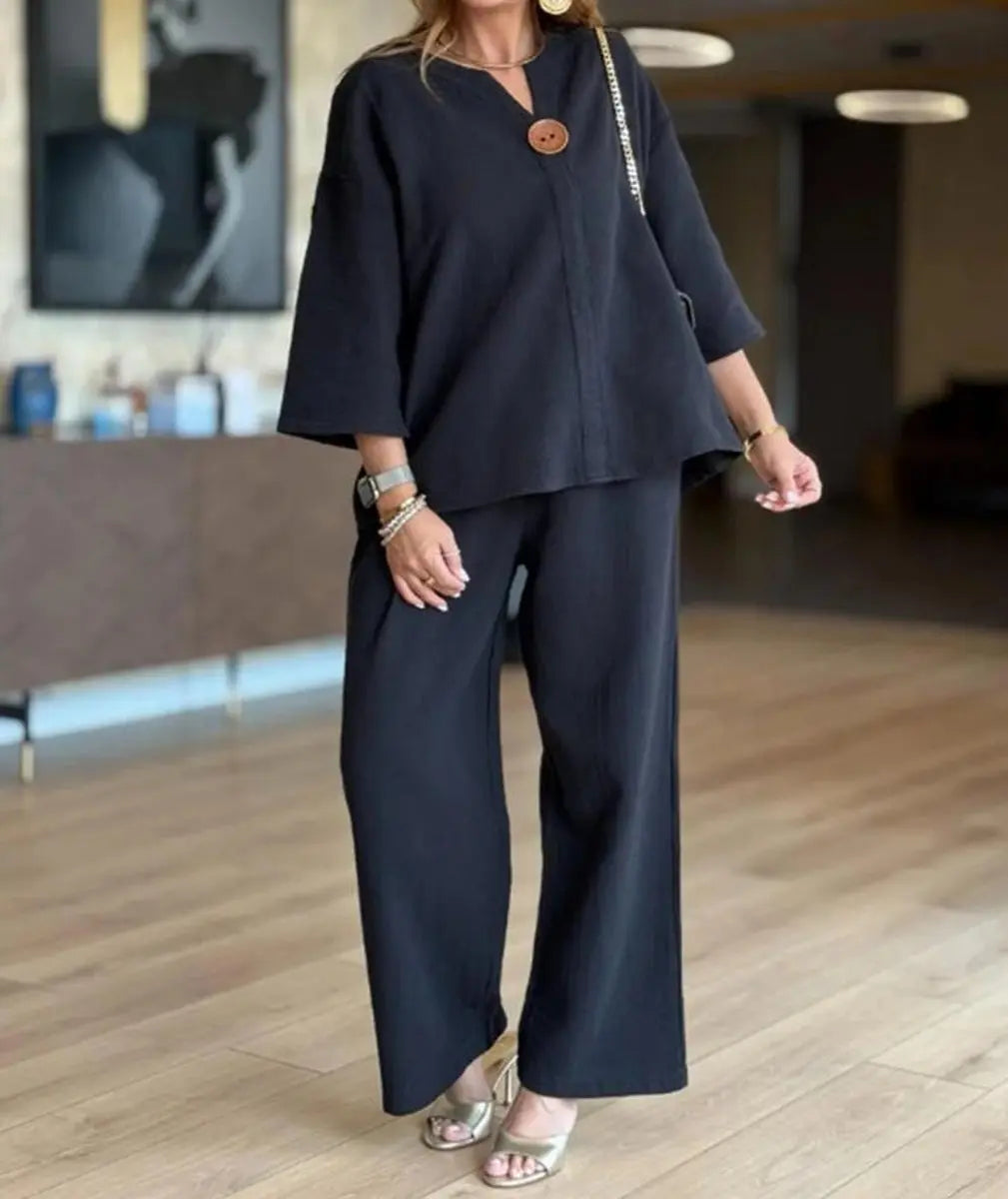 Women's Relaxed Linen Blend Tunic Palazzo Trousers Co-ord Set - Black