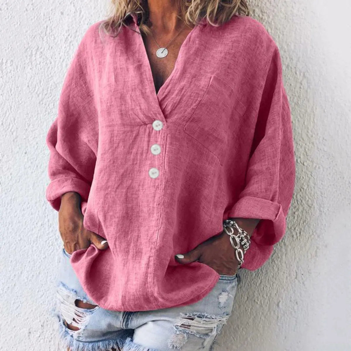 Women's Relaxed Linen Cotton V-Neck Button Sweater Shirt - Pink