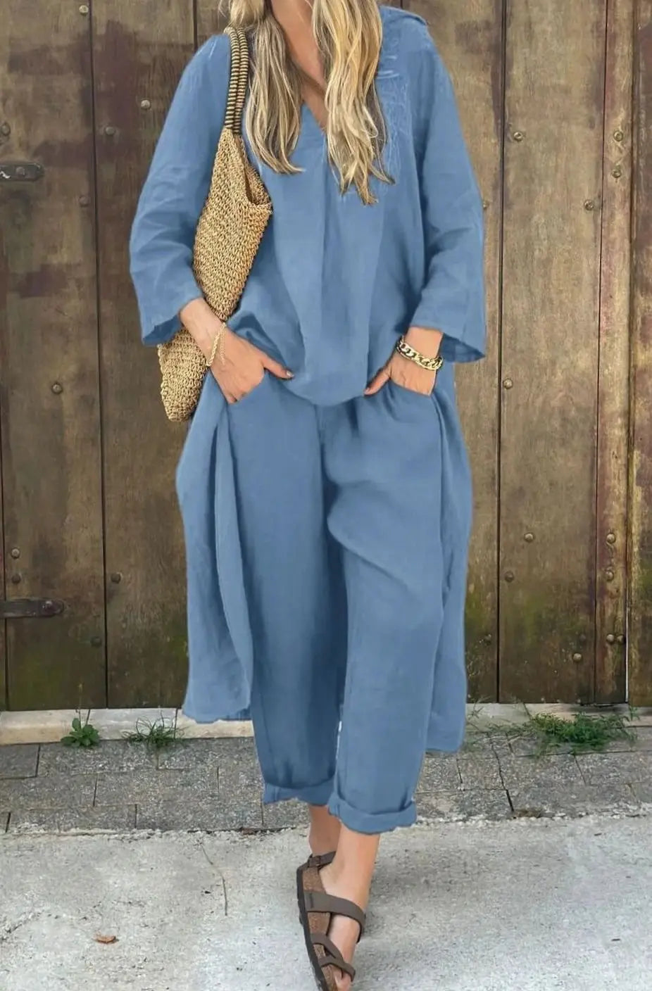 Women's Relaxed Linen Two-Piece Set V-Neck Top Wide-Leg Trousers