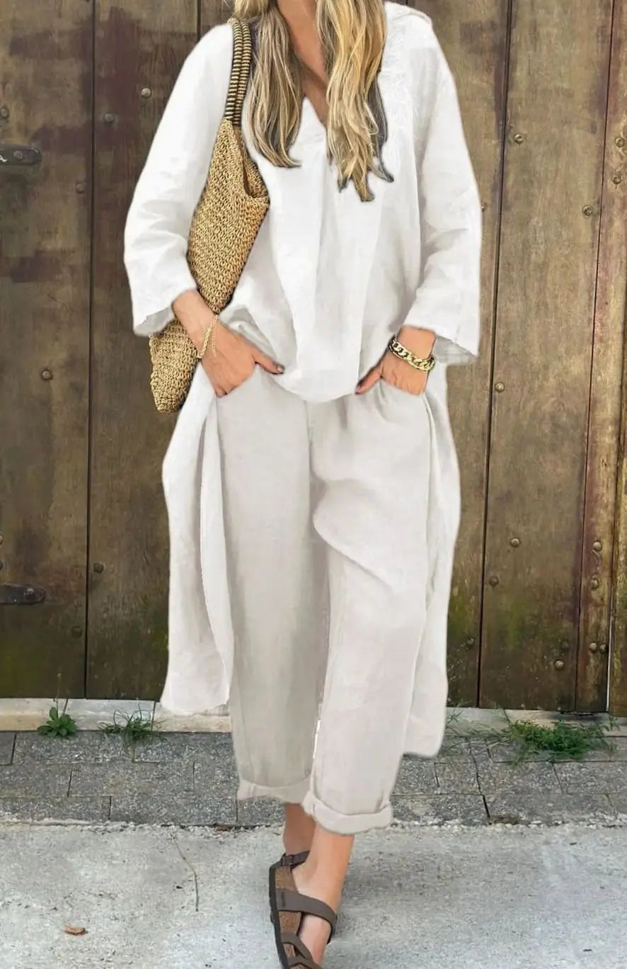 Women's Relaxed Linen Two-Piece Set V-Neck Top Wide-Leg Trousers - White