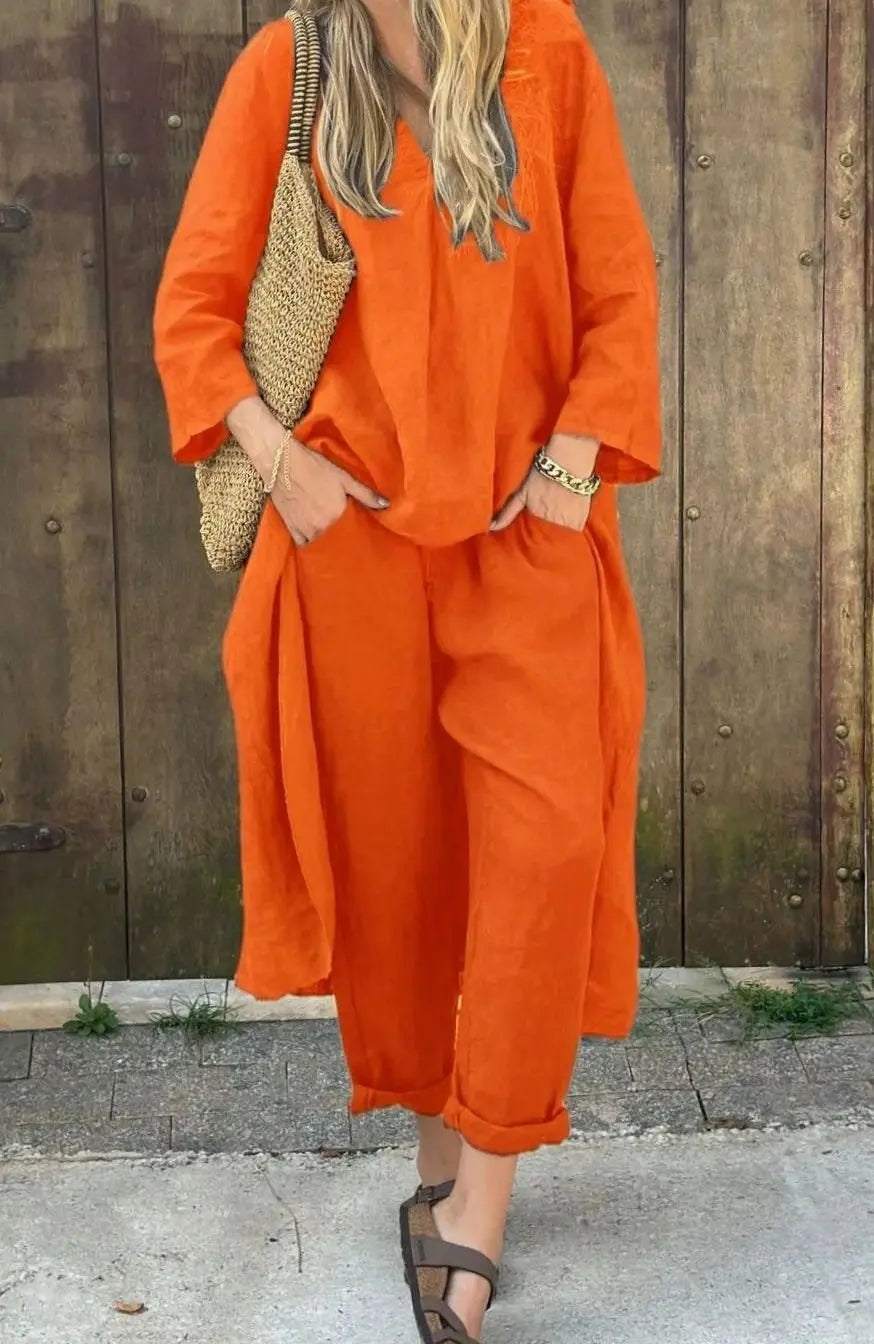 Women's Relaxed Linen Two-Piece Set V-Neck Top Wide-Leg Trousers - Orange