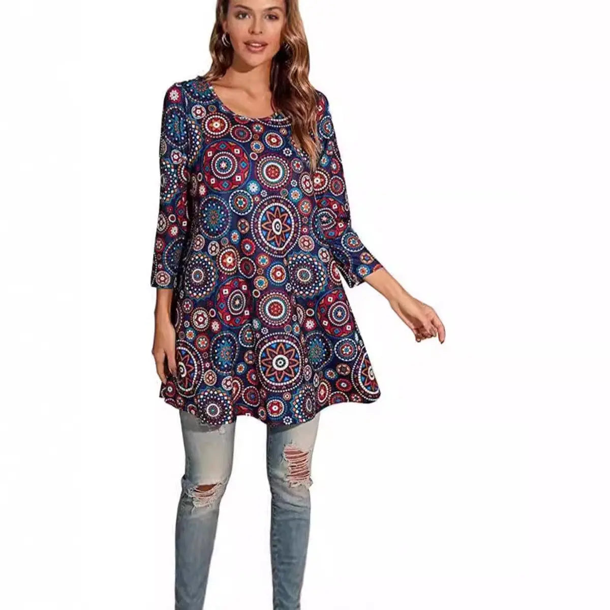 Women's Relaxed Mandala-Print 3/4 Sleeve Swing Tunic