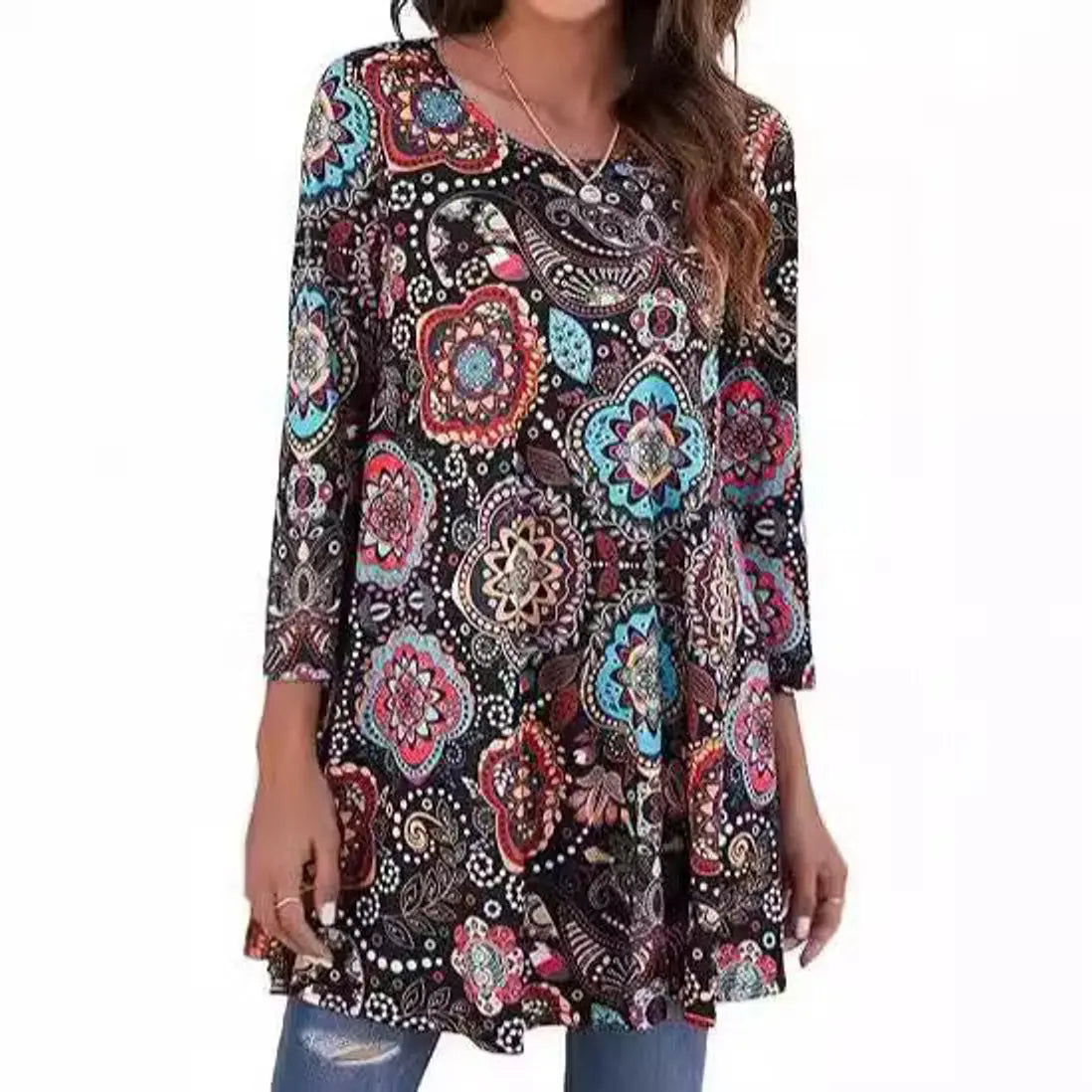 Women's Relaxed Mandala-Print 3/4 Sleeve Swing Tunic