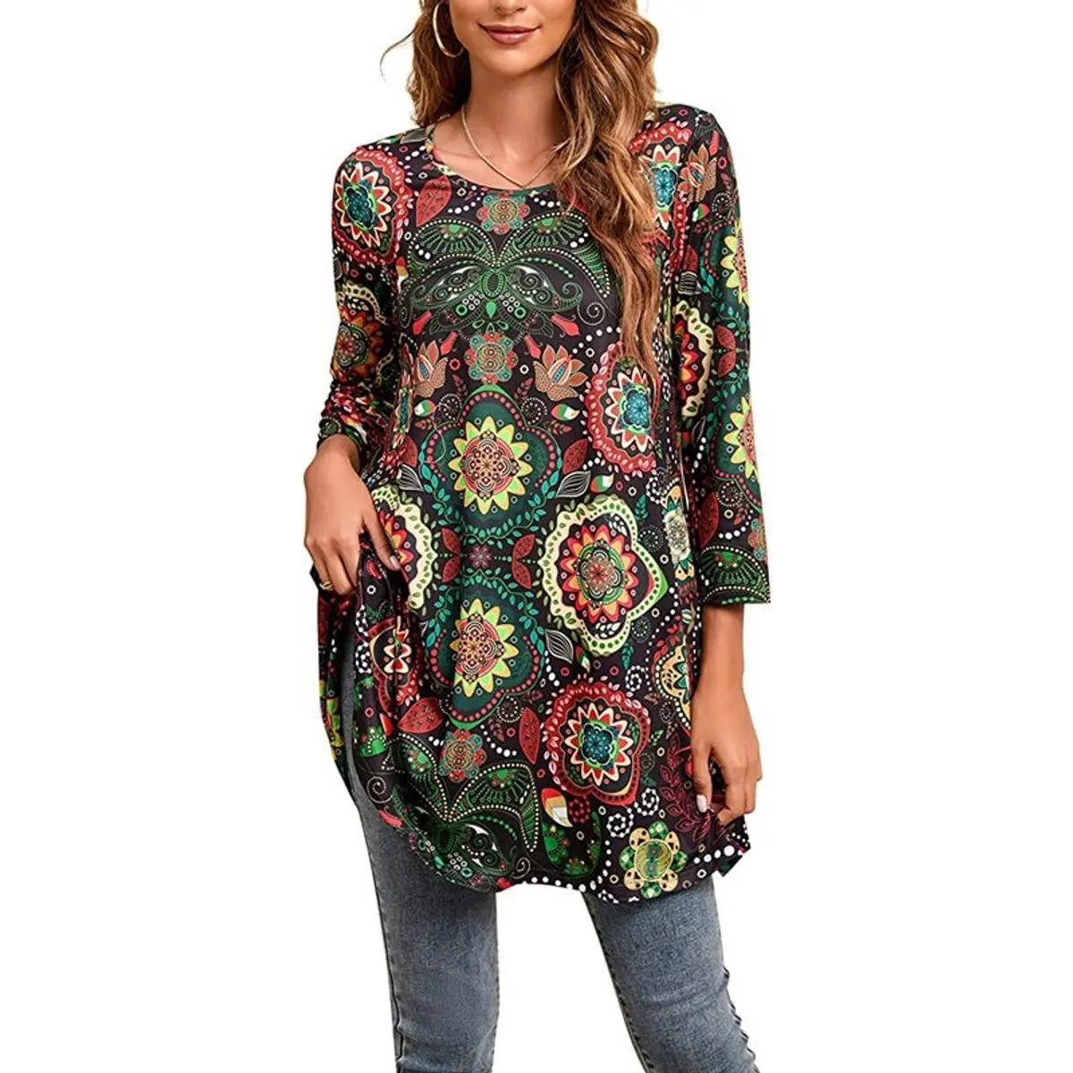 Women's Relaxed Mandala-Print 3/4 Sleeve Swing Tunic - A16