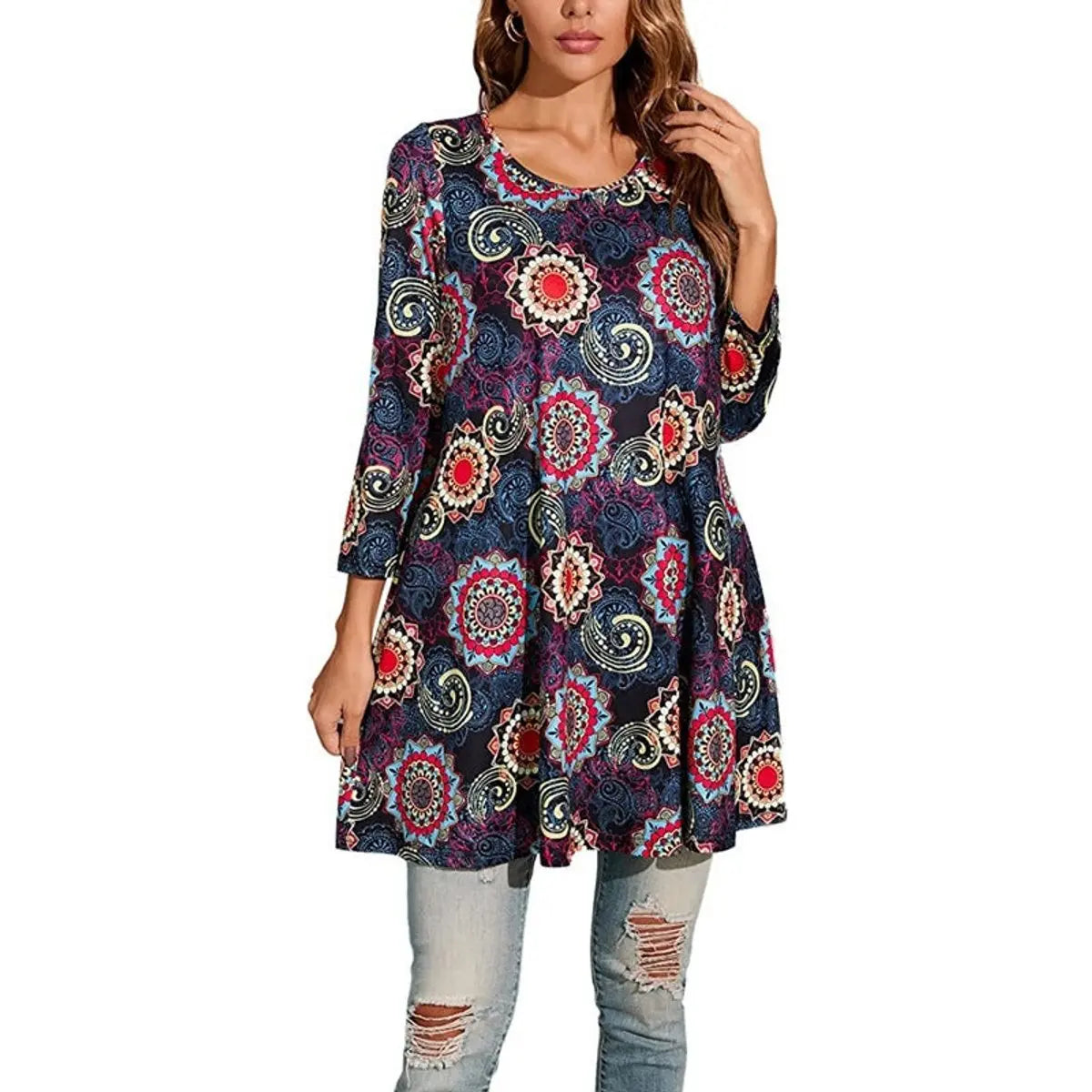 Women's Relaxed Mandala-Print 3/4 Sleeve Swing Tunic - Grey