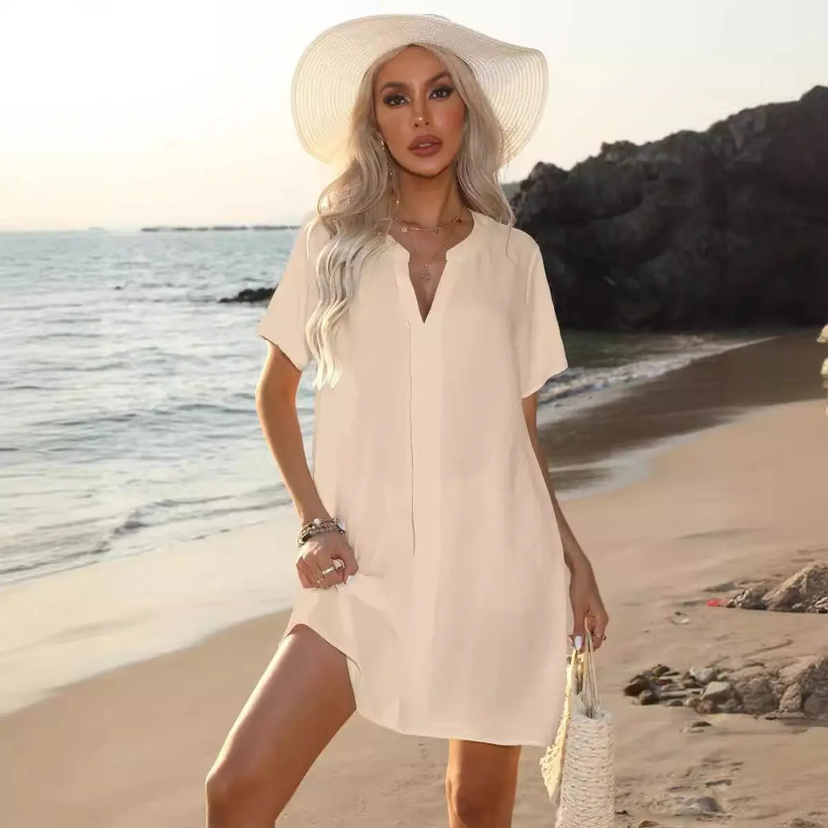 Women's Relaxed V-Neck Short Sleeve Linen Tunic Dress