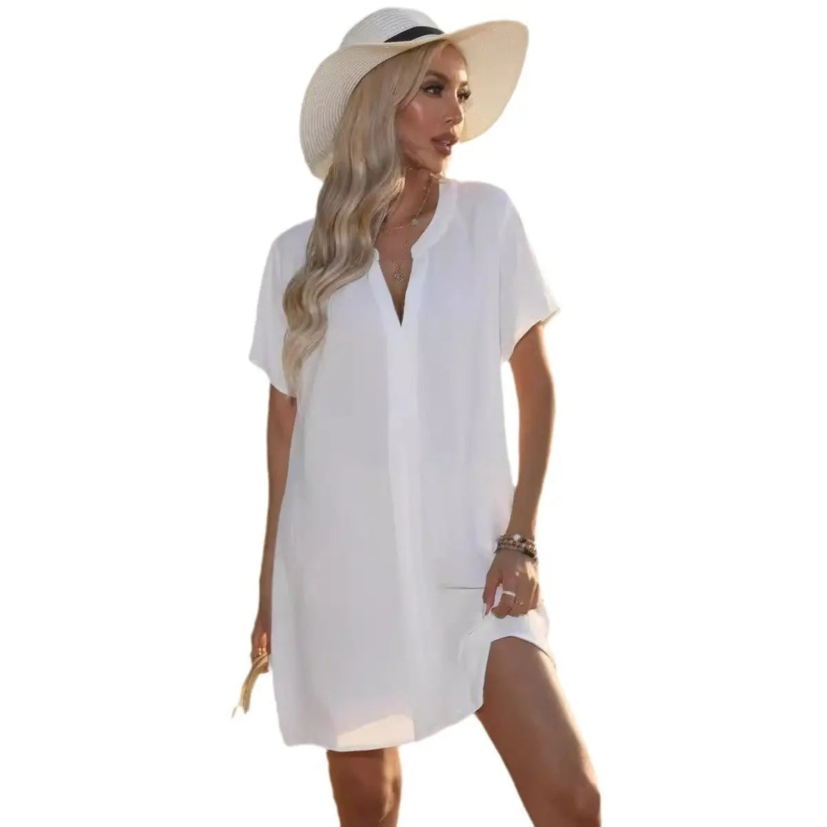 Women's Relaxed V-Neck Short Sleeve Linen Tunic Dress
