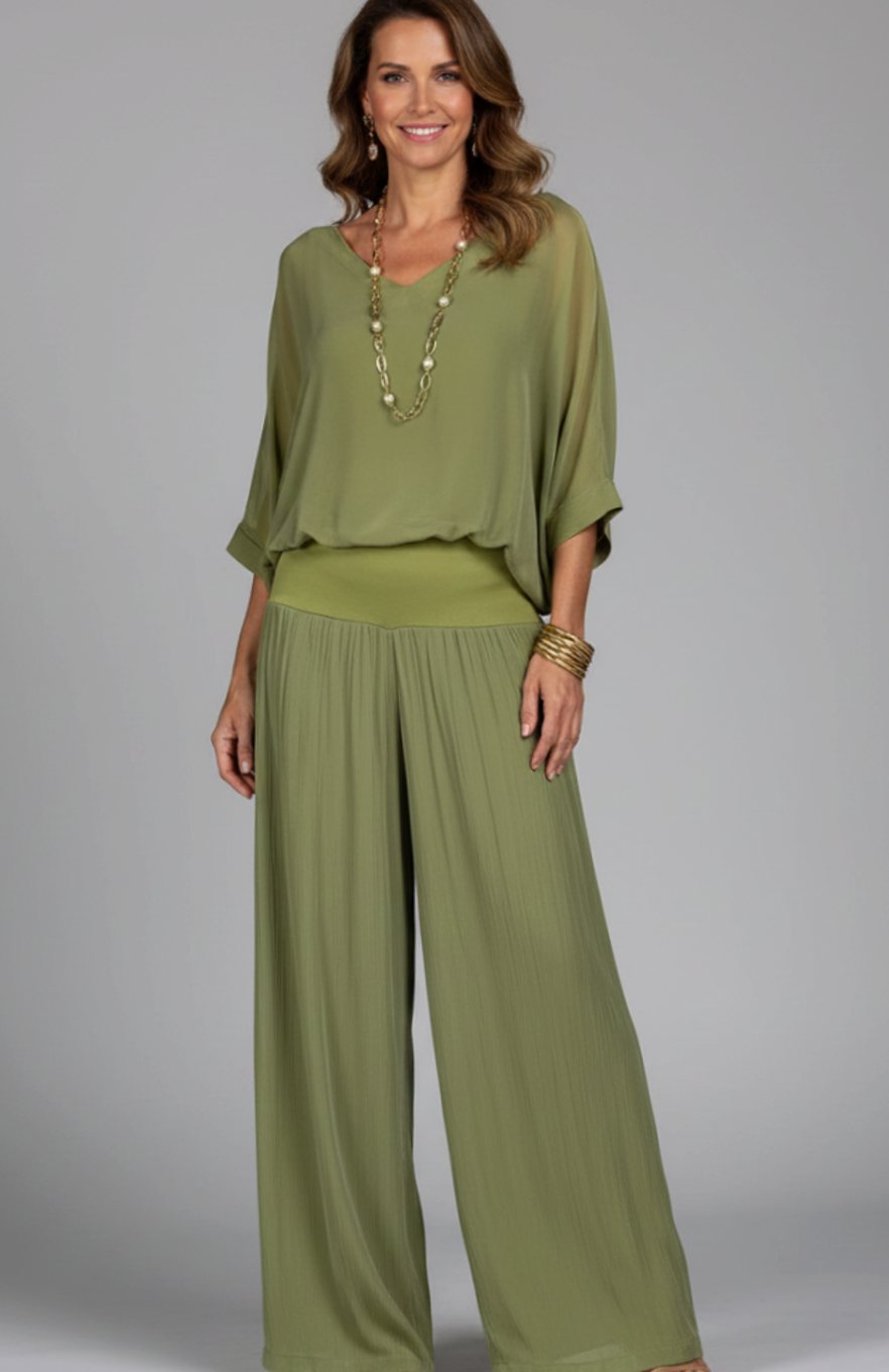 Women's Relaxed Wide-Leg Chiffon Top Two-Piece Set - Green