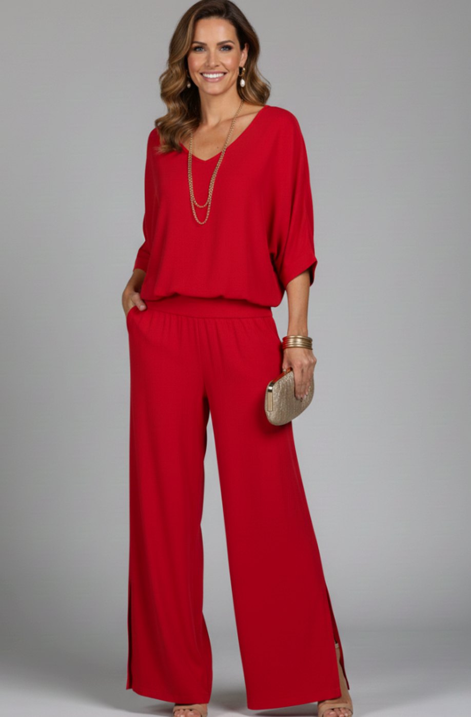Women's Relaxed Wide-Leg Chiffon Top Two-Piece Set - Red