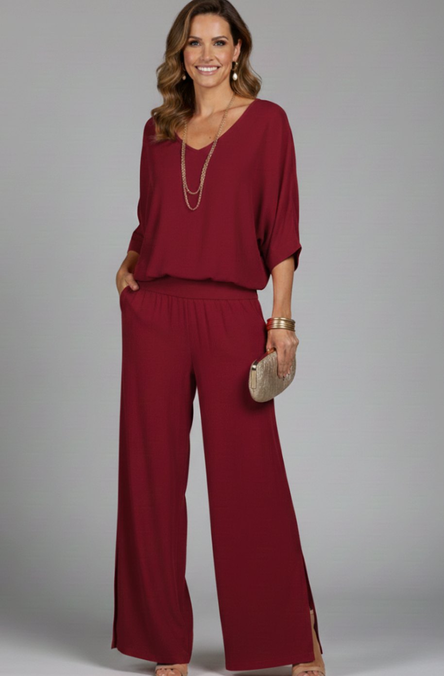 Women's Relaxed Wide-Leg Chiffon Top Two-Piece Set - Burgundy