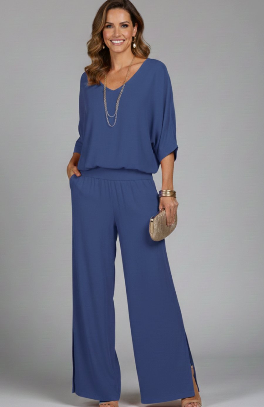 Women's Relaxed Wide-Leg Chiffon Top Two-Piece Set - Blue