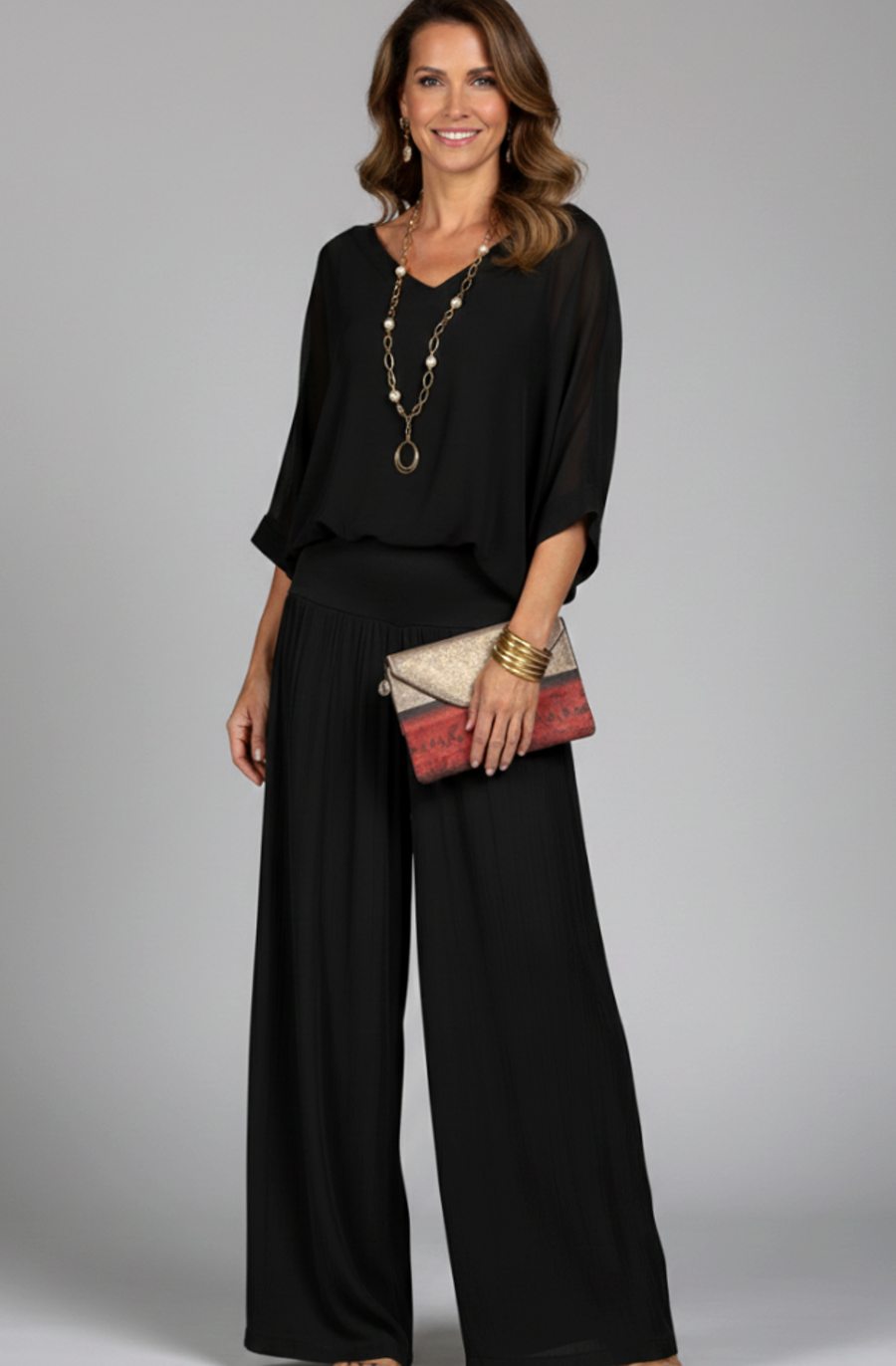 Women's Relaxed Wide-Leg Chiffon Top Two-Piece Set - Black