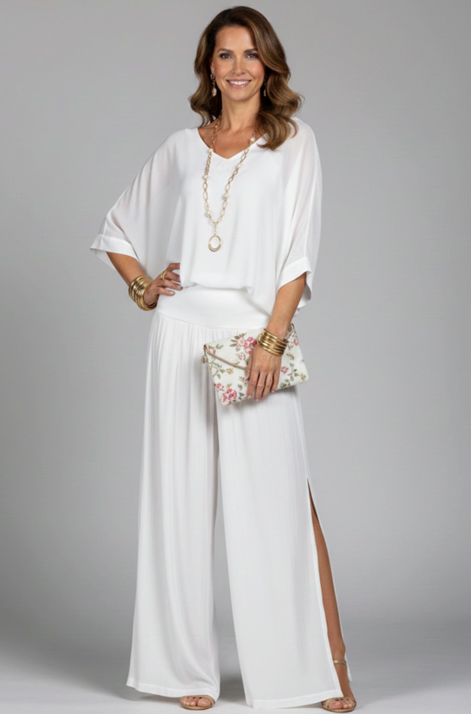 Women's Relaxed Wide-Leg Chiffon Top Two-Piece Set - White