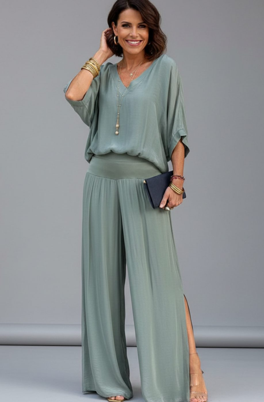 Women's Relaxed Wide-Leg Chiffon Top Two-Piece Set - Light Green