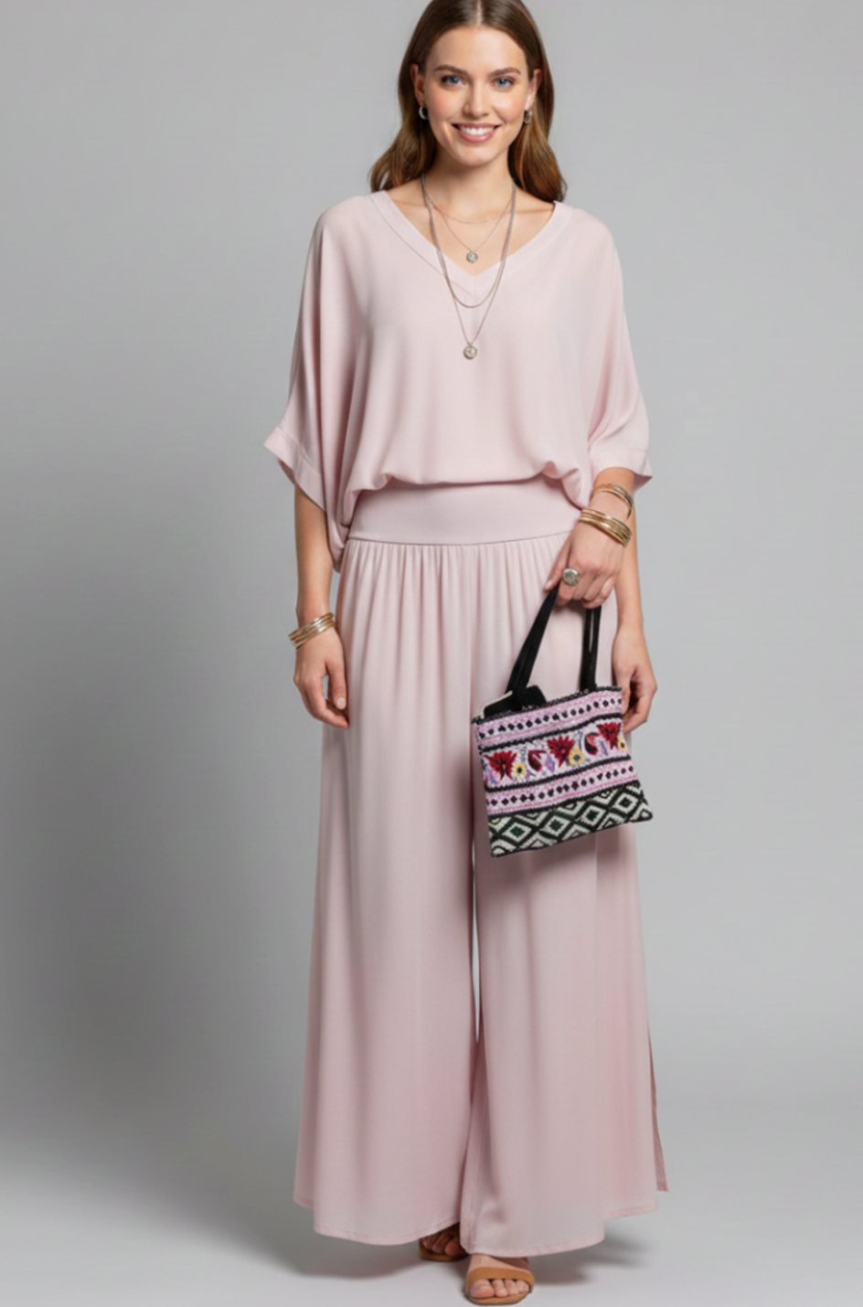 Women's Relaxed Wide-Leg Chiffon Top Two-Piece Set - Pink