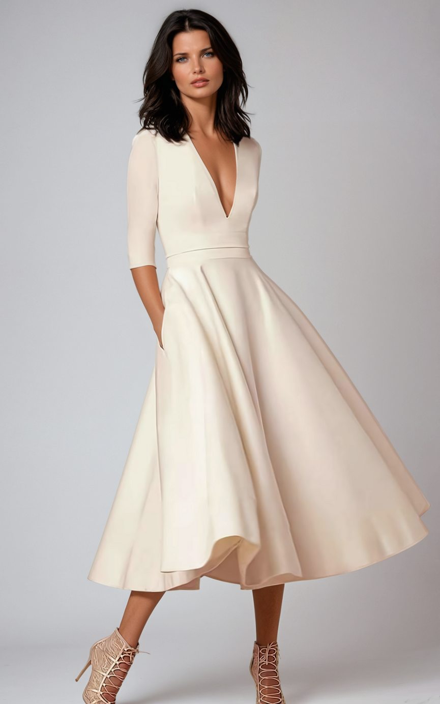 Women's Retro A-Line Deep V-Neck Midi Dress - Beige