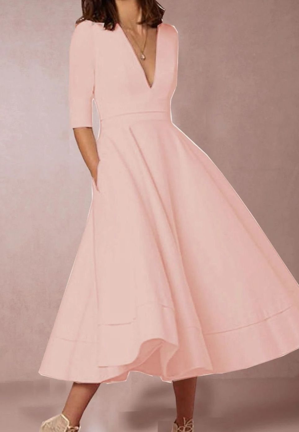 Women's Retro A-Line Deep V-Neck Midi Dress - Pink